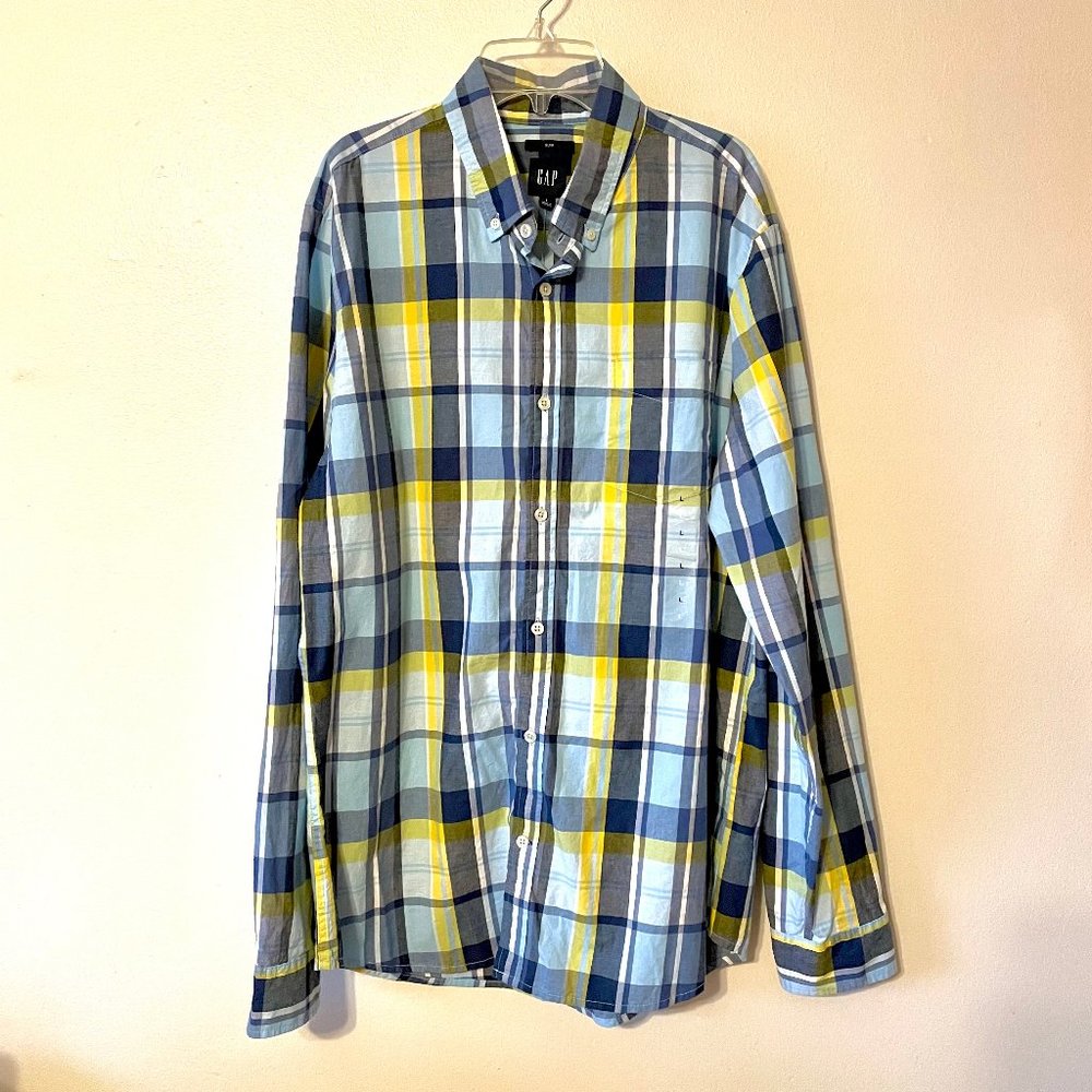 GAP | Slim Fit Blue/Yellow Plaid Cotton Long-Sleeved Button-Down Shirt Large NWT